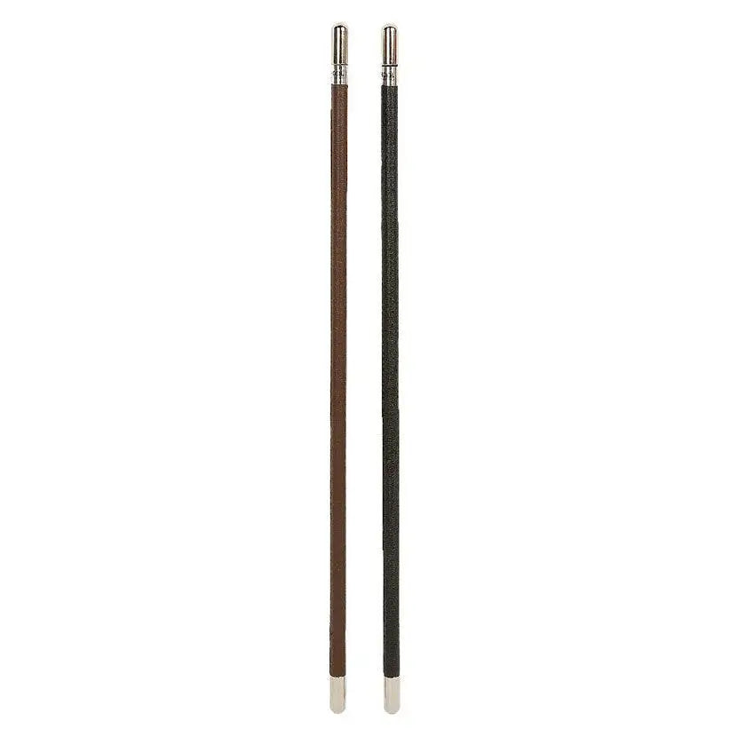 Two hy equestrian showing canes with brown and black leather bodies and silver caps on both ends