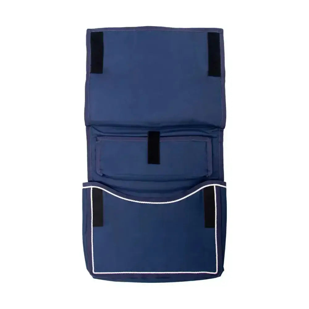 Navy blue fabric hy equestrian show kit bag with white stitching and black velcro straps for riding apparel organization