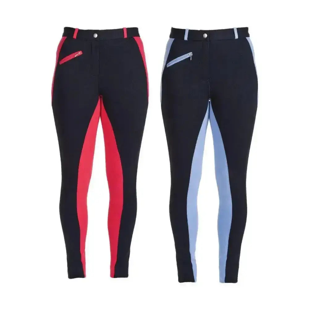 Black equestrian sienna ladies riding pants with fashionable two tone red and blue side panels and zippered thigh pockets