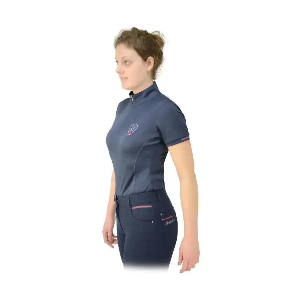 Navy blue short-sleeved hy equestrian signature sports shirt with pink trim and contrast stitch running detail