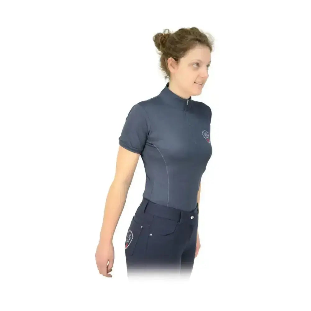 Navy blue short-sleeved hy equestrian signature sports shirt with high collar and subtle contrast stitch running detail