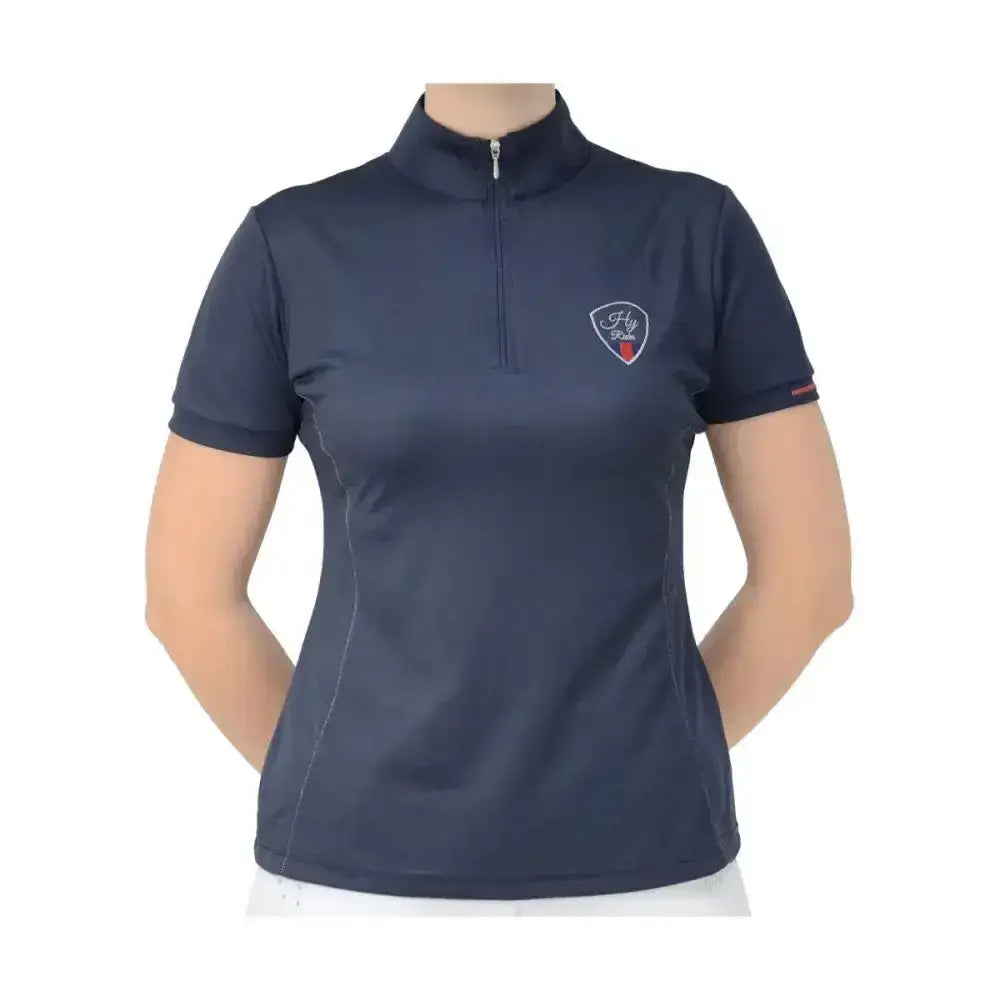 Navy blue short-sleeved polo signature sports shirt with half-zip collar and contrast stitch running for equestrian use
