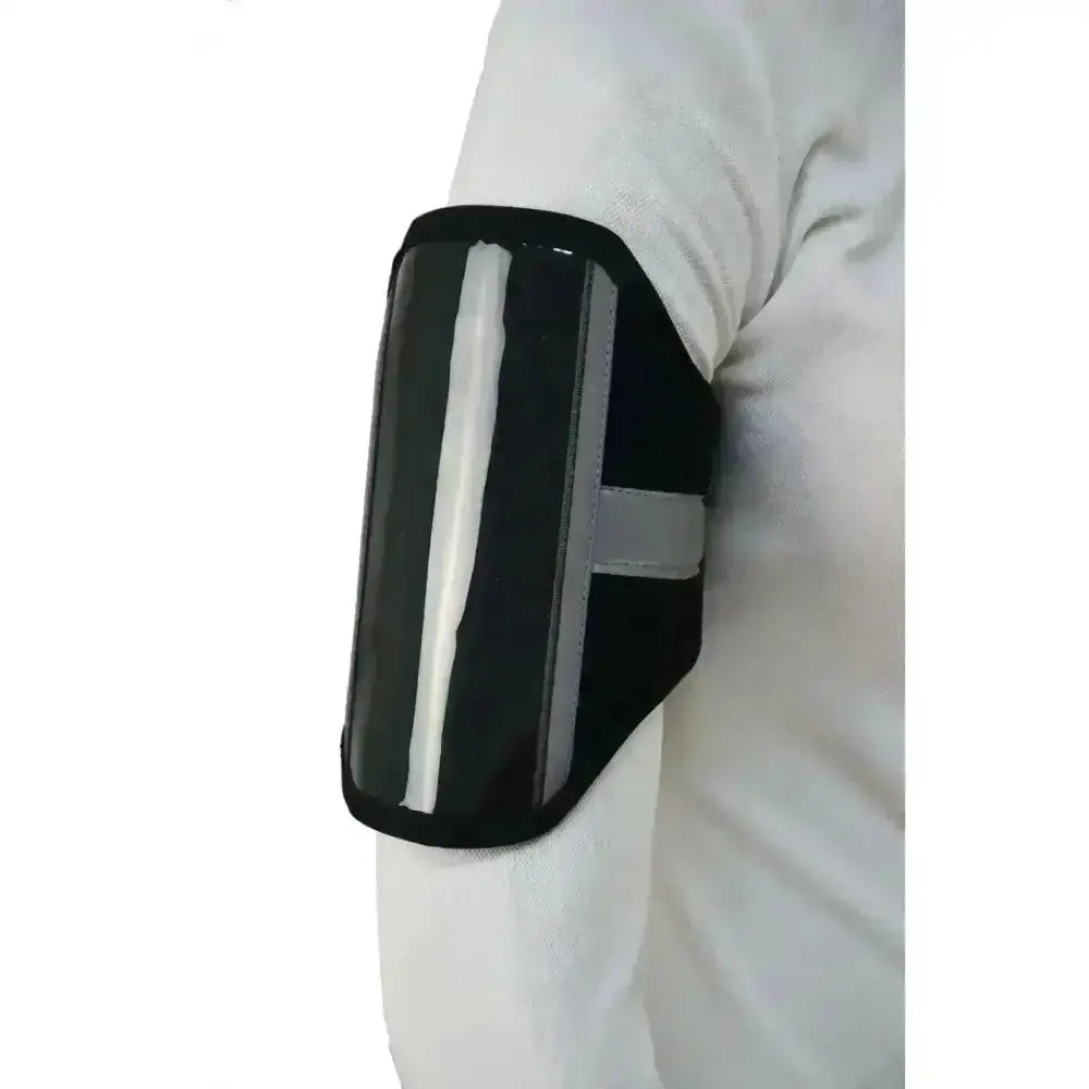 Black reflective armband with silver stripe for visibility designed for hy equestrian silva flash mobile use