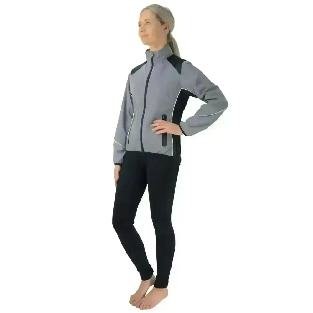 Gray and black hy equestrian silva flash reflective zip-up jacket with contrasting panels for outdoor riding
