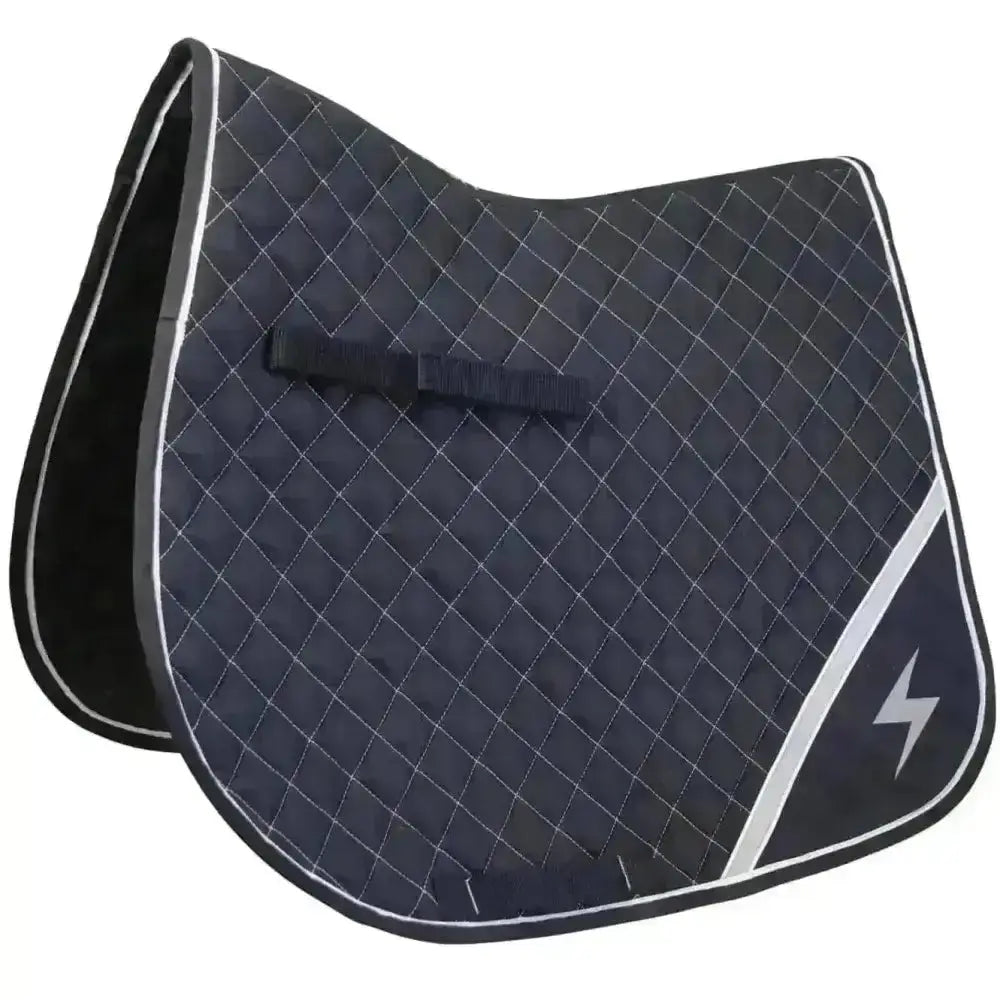 Black quilted silva flash saddle pad with white stitching and silver lightning bolt logo for equestrian use