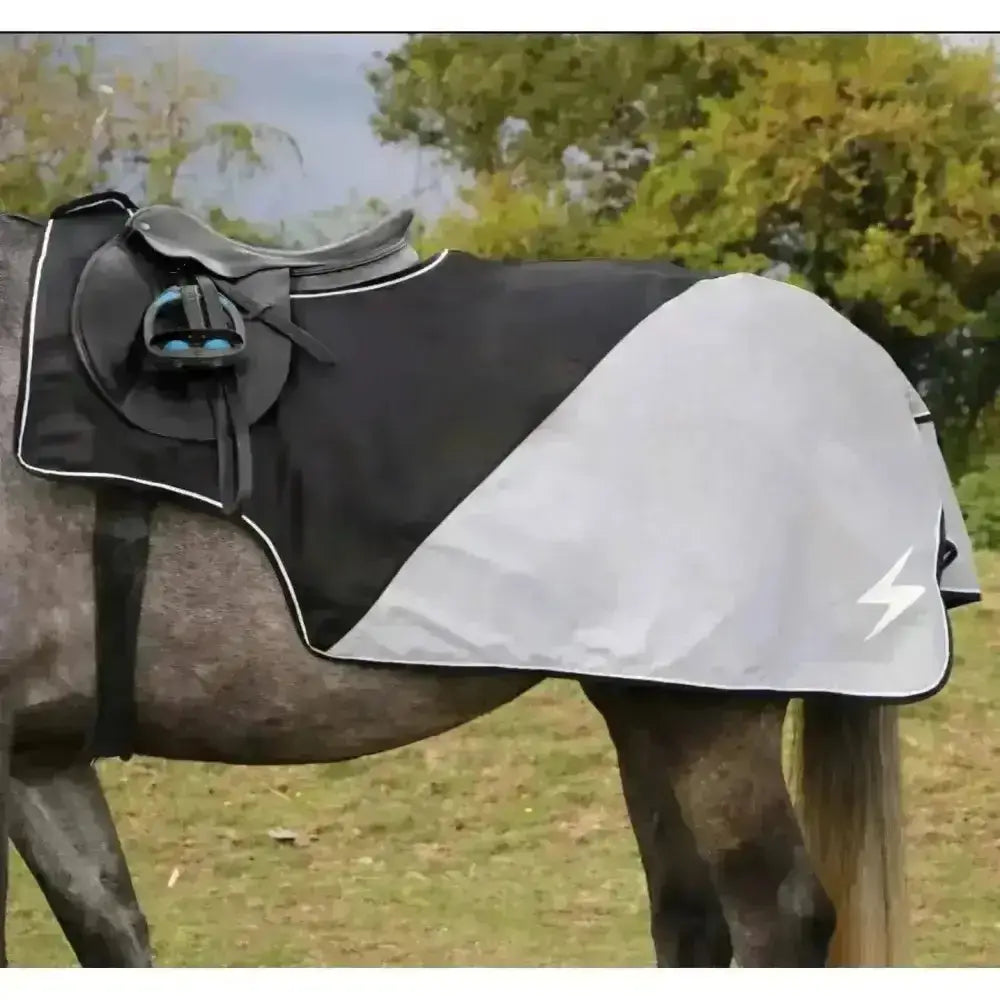 Black and silver hy equestrian silva flash waterproof exercise sheet with white lightning bolt logo from silva flash collection