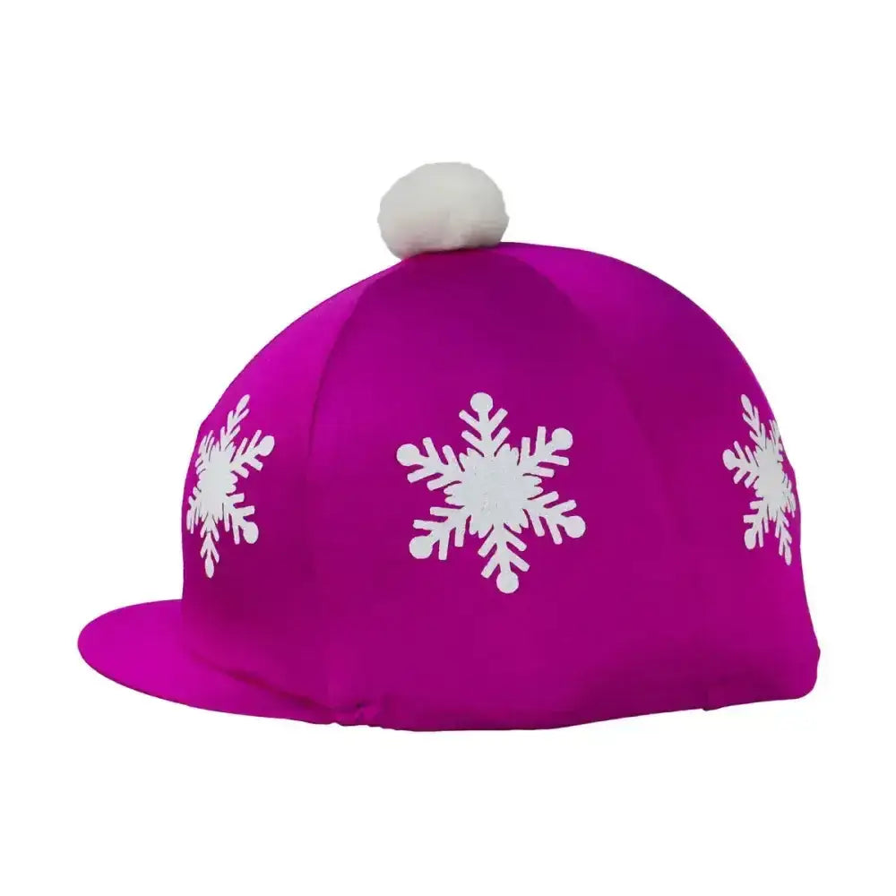 Vibrant magenta hy equestrian snowflake pom pom hat cover with white snowflake decals and fluffy white pom pom on top