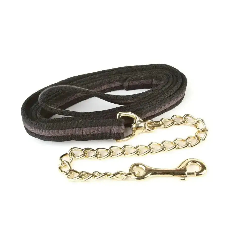 Black hy equestrian soft webbing lead rein with gold-toned chain and hardware perfect for equestrian use