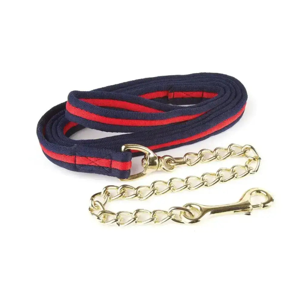 Navy blue and red striped hy equestrian soft webbing lead rein with gold metal chain attachment for equestrian use