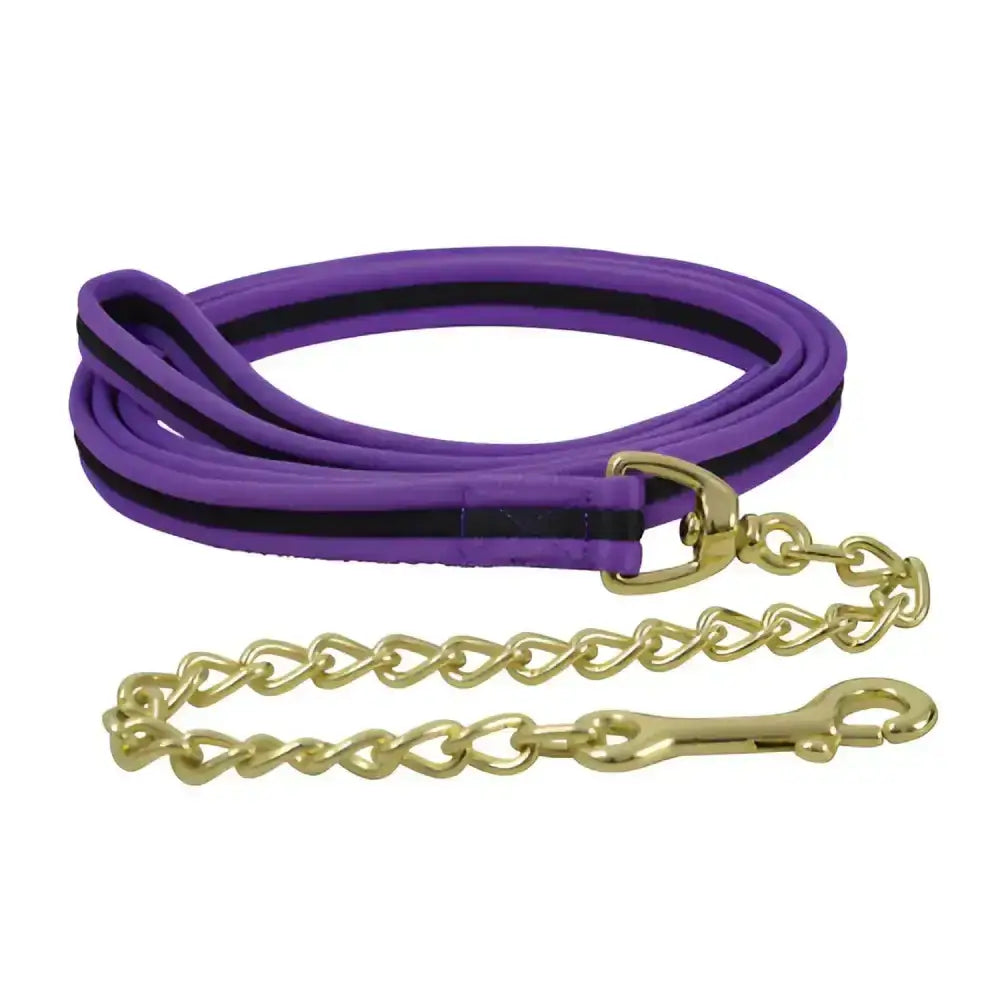 Purple leather hy equestrian soft webbing lead rein with black stripe and gold-toned metal chain for horses