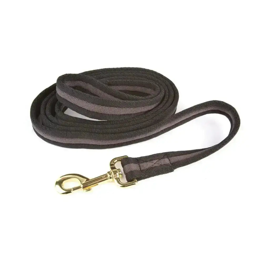 Dark brown woven leather soft webbing lead with gold toned clasp from hy equestrian without chain