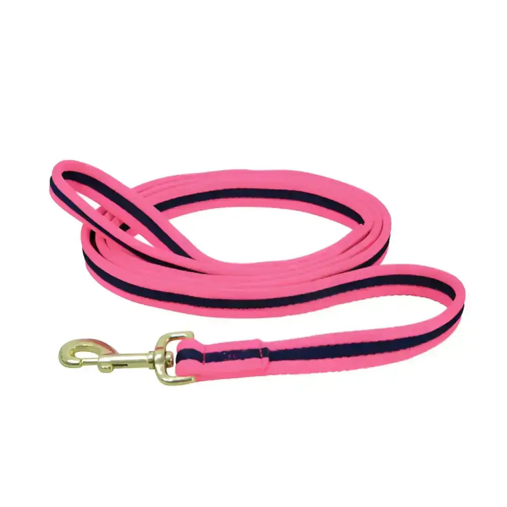 Hy equestrian soft webbing lead rein in bright pink with navy stripe and gold metal clasp for easy use