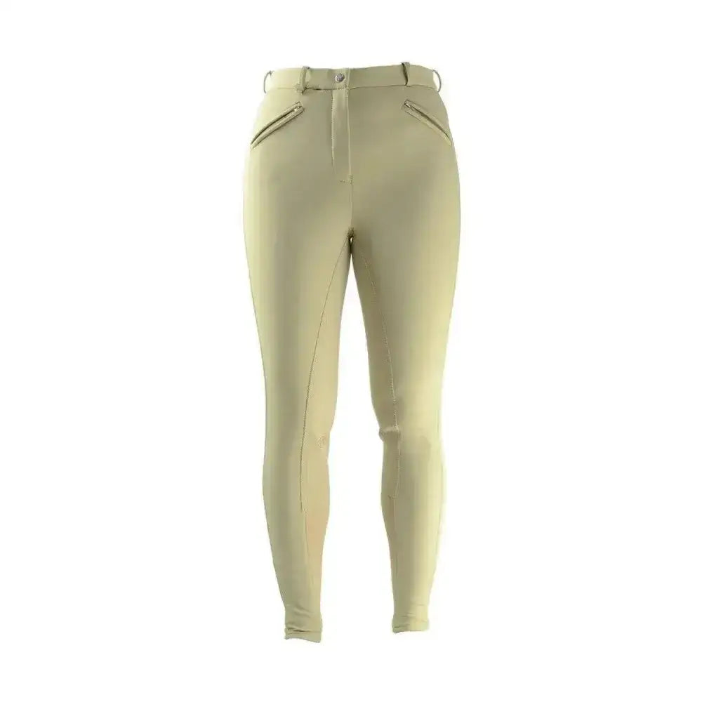 Beige hy equestrian softshell winter ladies breeches with zippered side pockets and fitted design for cold weather riding