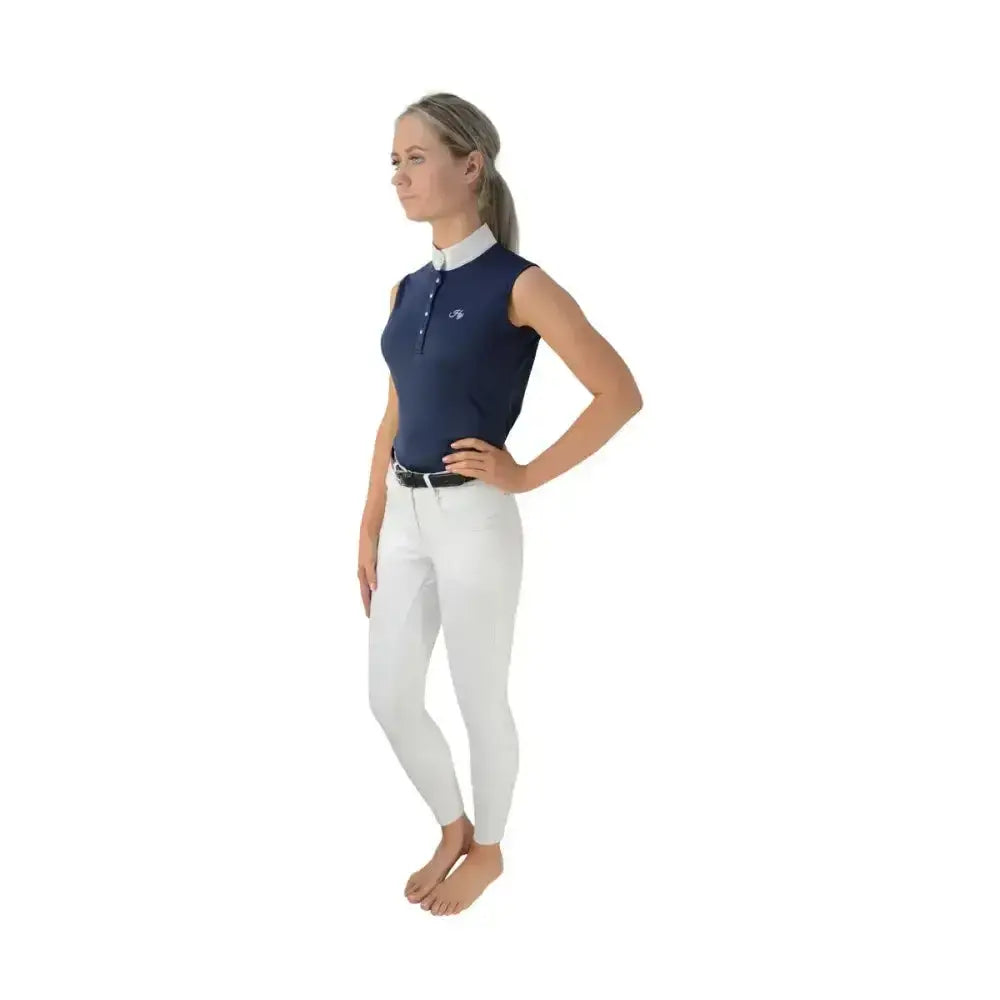 Navy blue hy equestrian sophia sleeveless show shirt with white collar five crystal press and silk trim detailing