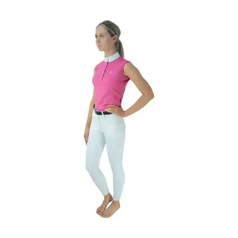 Pink hy equestrian sophia sleeveless show shirt with white collar zipper and five crystal press silk trim detailing