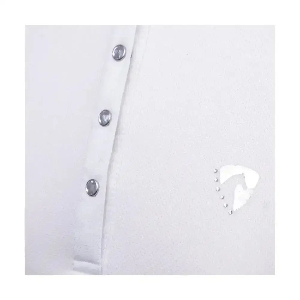 White Hy Equestrian Sophia sleeveless show shirt with silver crystal press studs and subtle horse silk trim detailing