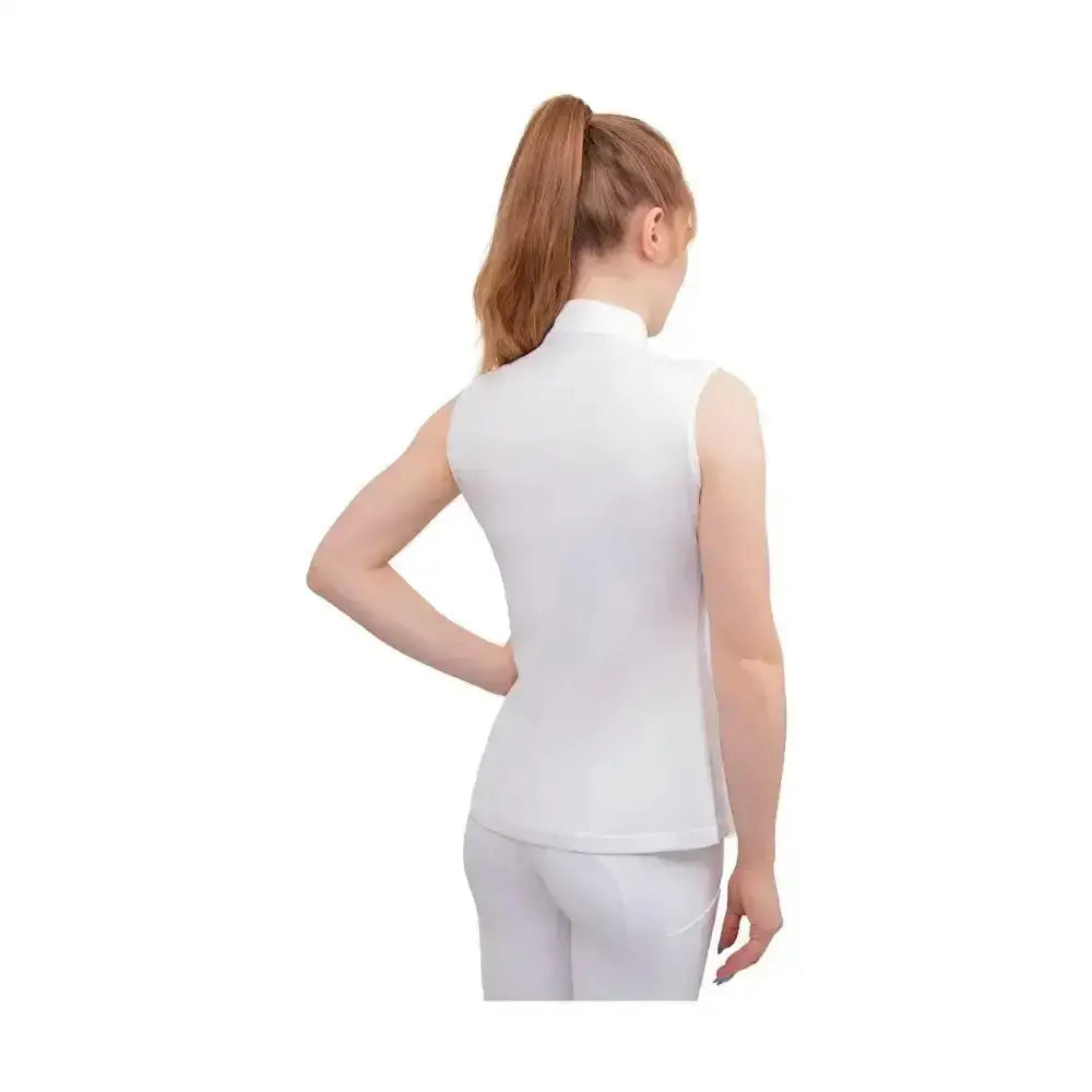 White sleeveless high-neck equestrian sophia sleeveless show shirt with crystal press studs and silk trim detailing