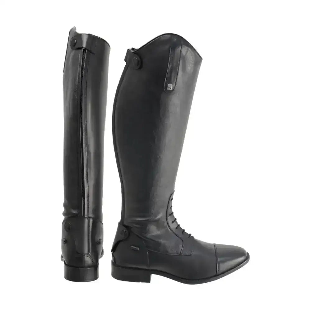 Black leather sorrento field riding boots with a sleek polished finish and classic lace-up design by hy equestrian