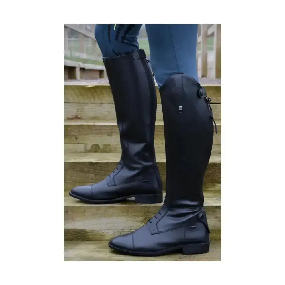 Black leather sorrento field riding boots with sleek polished finish and classic lace-up design for equestrian use
