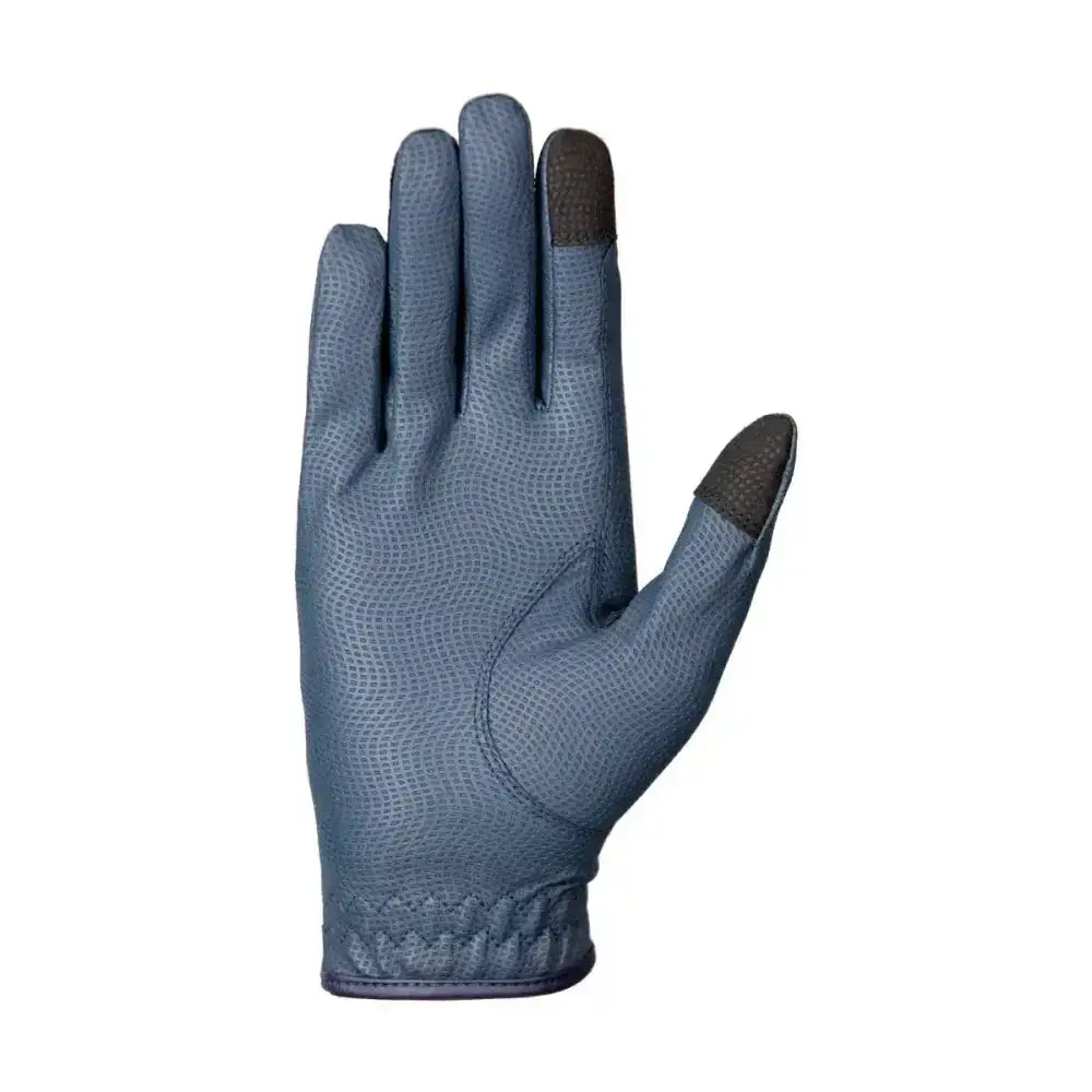 Blue hy equestrian sparkle touch riding gloves with synthetic pu material and black touchscreen fingertips shown from back