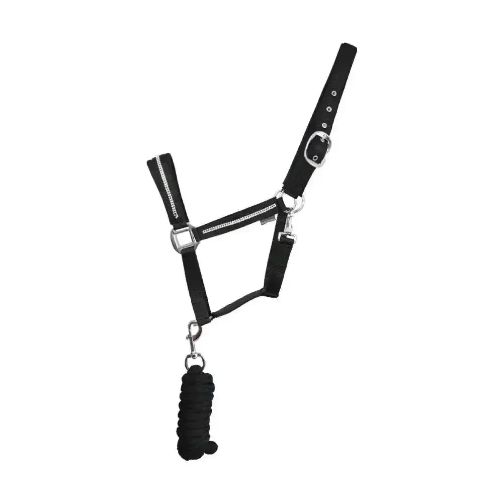 Hy Equestrian Sparkling Head Collar & Lead Rope Set Black/Silver Cob Headcollar Sets