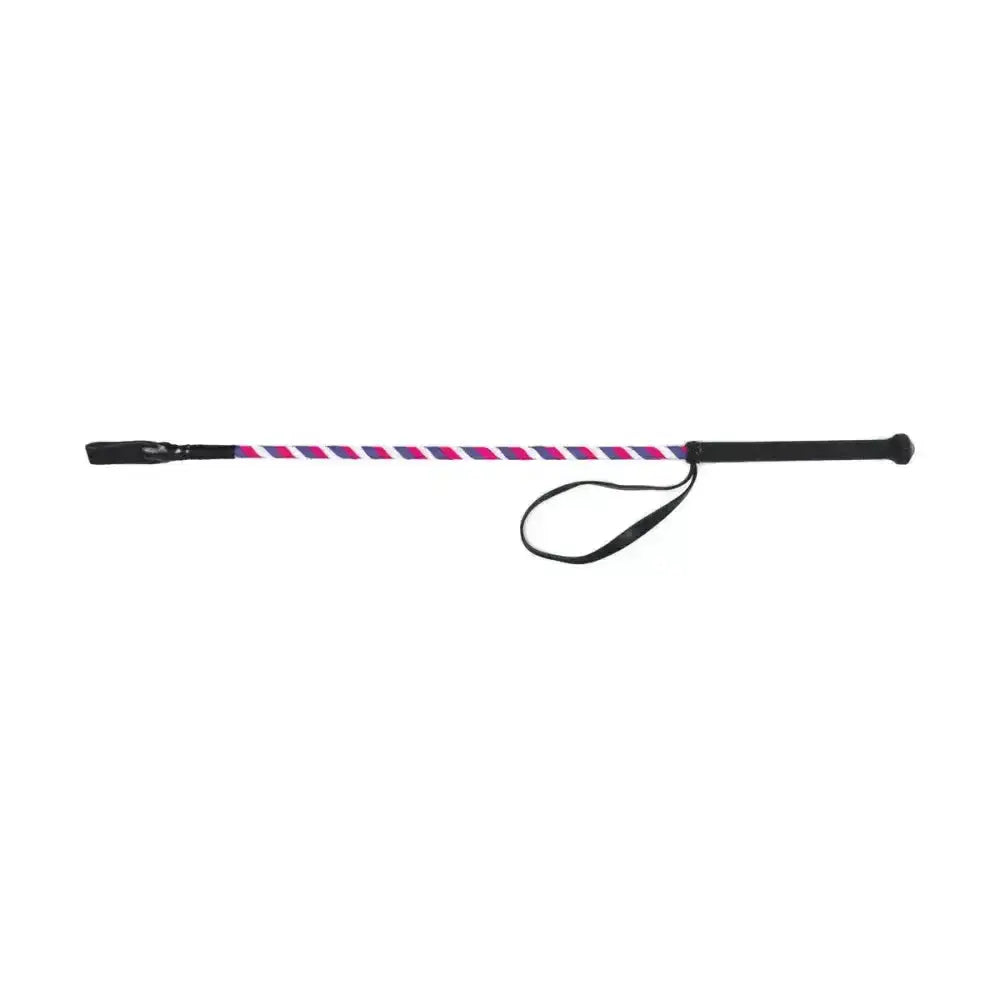 A sleek black hy equestrian spiral riding whip with vibrant pink and white stripes, grip handle, and wrist strap