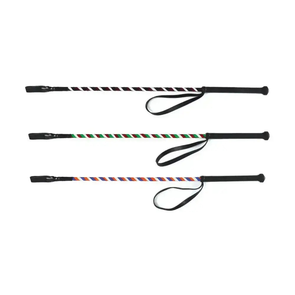 Three hy equestrian spiral riding whips with braided striped bodies and black handles in different color schemes