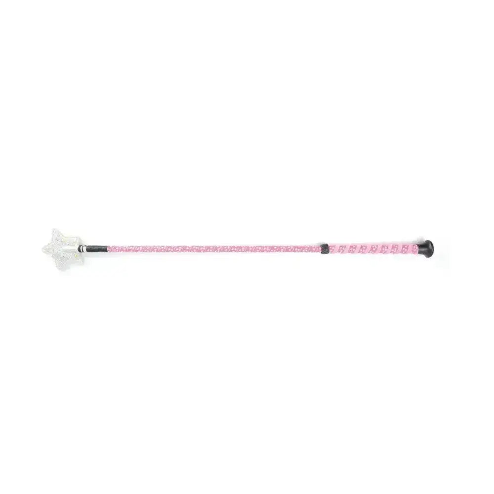Pink hy equestrian spiral star riding whip with clear star shaped head and black grip ends for riding use
