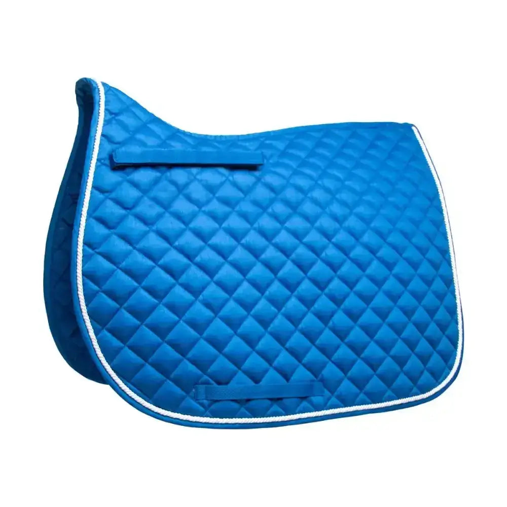 Bright blue quilted hy equestrian splendid showjump saddle pad with white piping and black fabric straps, fashionable saddle pad