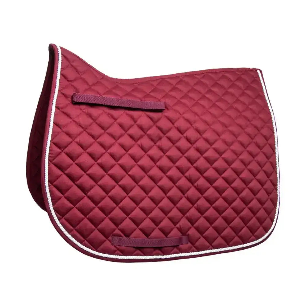 Maroon quilted hy equestrian splendid showjump saddle pad with white piping and two fabric straps for jumping