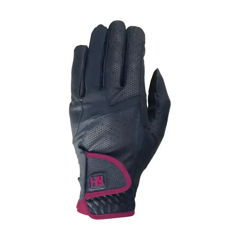 Black hy equestrian sport active riding glove with pink accents and perforated high performance design back side view