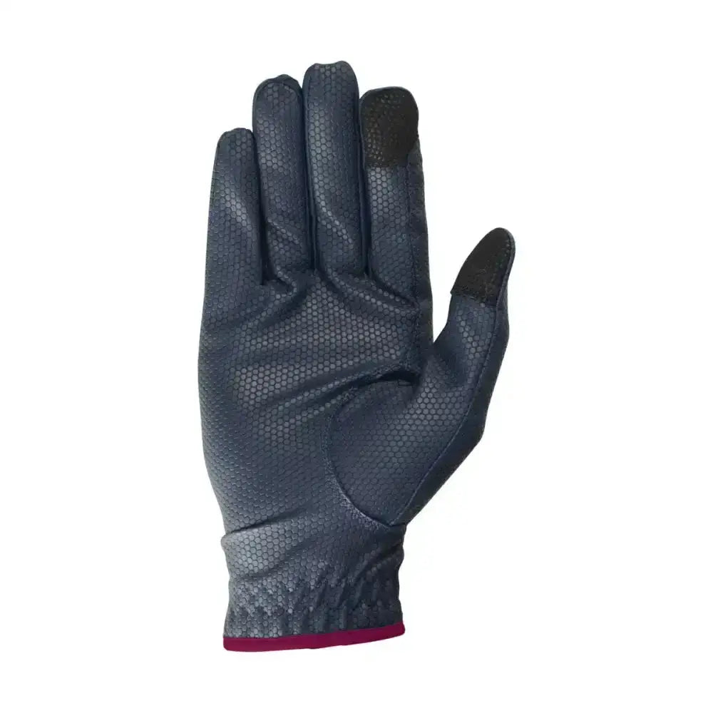 Dark gray touchscreen equestrian sport active riding glove with hex texture and red trim at the wrist back side view