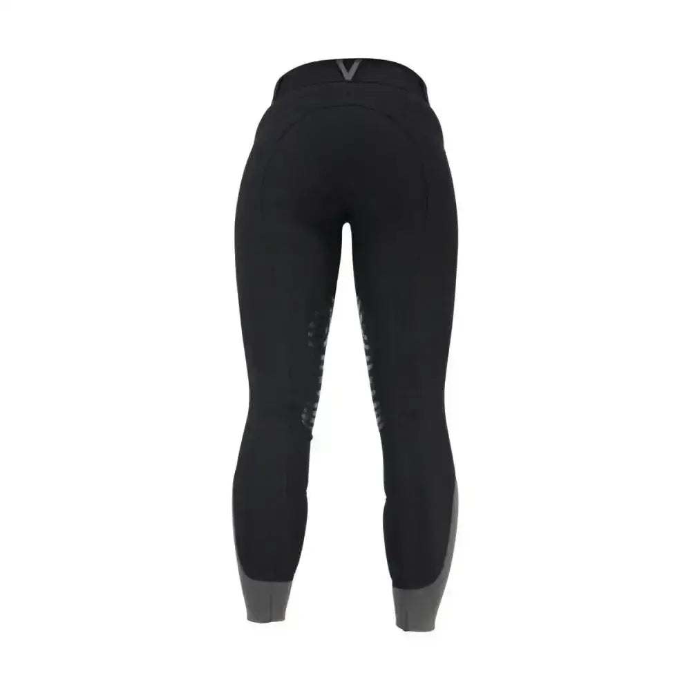 Black equestrian sports active ladies breeches with gray ankle accents and subtle logo on waistband for equestrian athlete