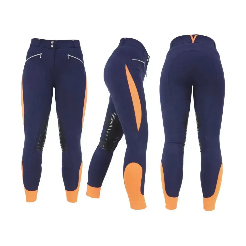 Navy blue hy equestrian sports active ladies breeches with orange side panels and reinforced knee patches for athletes