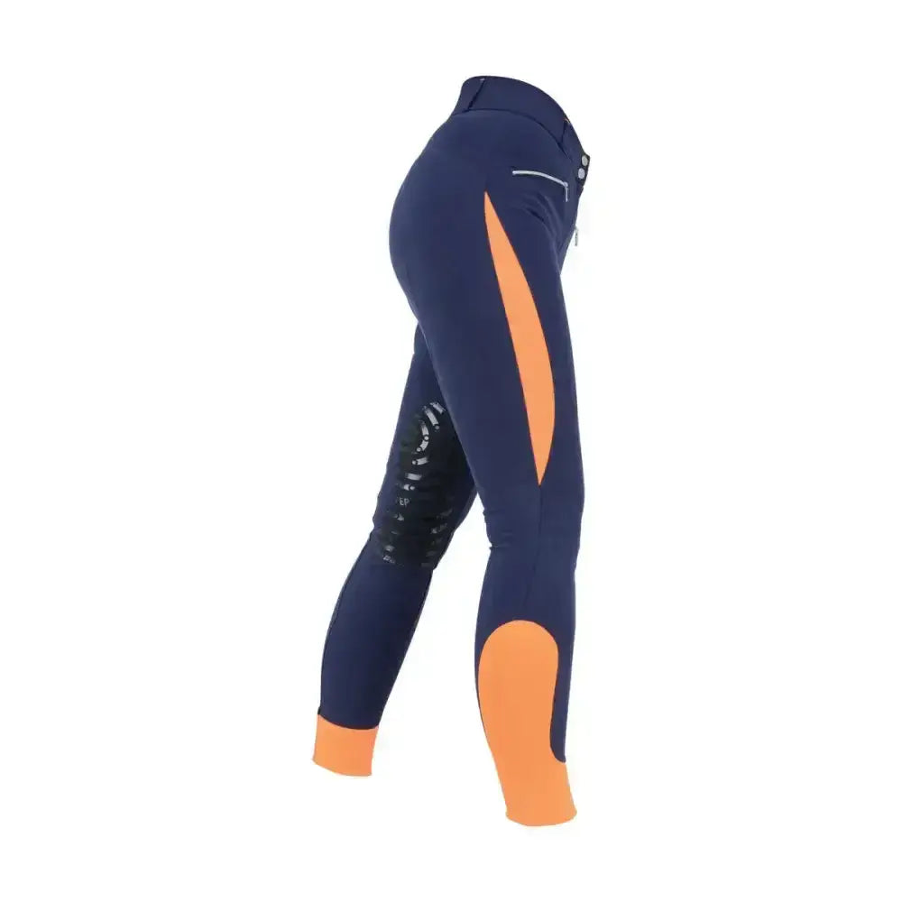 Navy blue and orange hy equestrian sports active ladies breeches with black knee grip panels for equestrian athletes