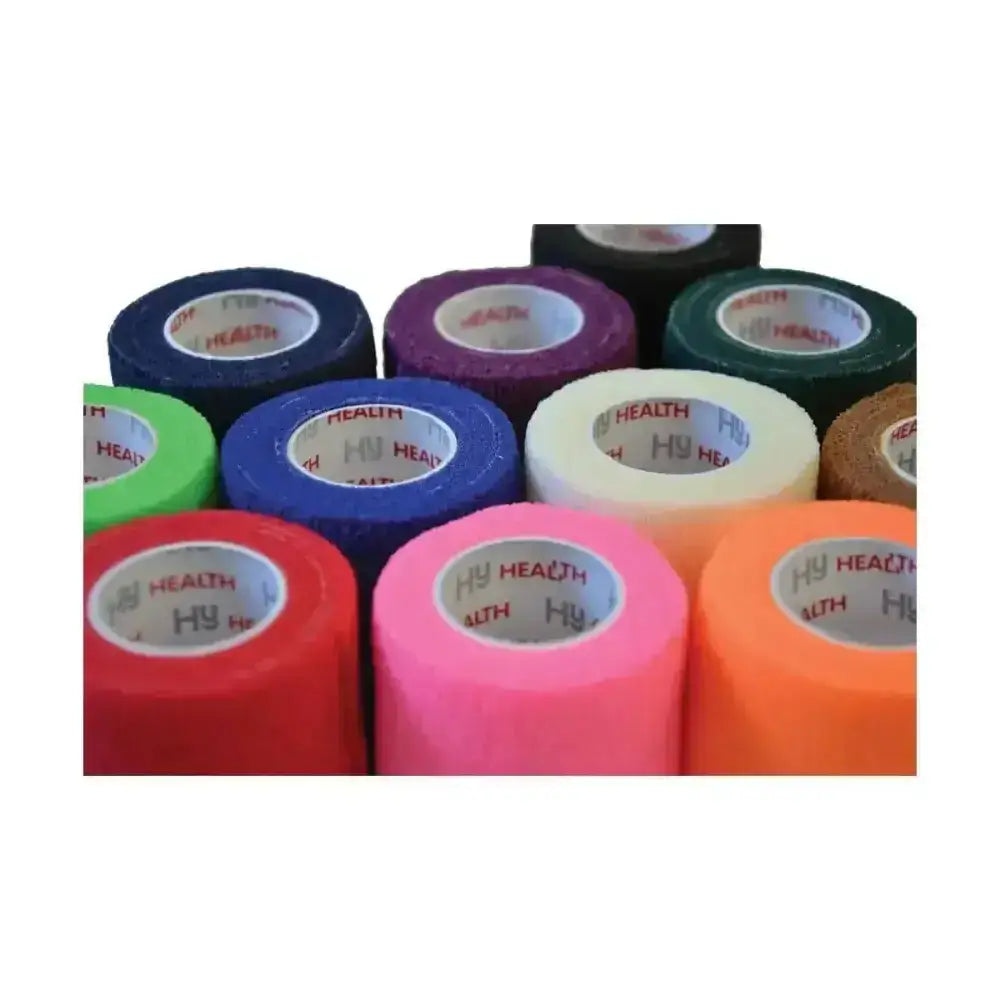 A vibrant box of hy equestrian sportwrap flexible bandage rolls in assorted colors for versatile sportwrap use