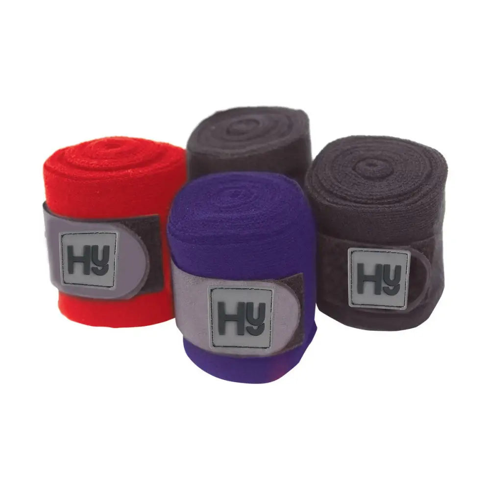 Red purple and dark gray hy equestrian stable bandage leg bandages with soft fleece and touch tape fastening