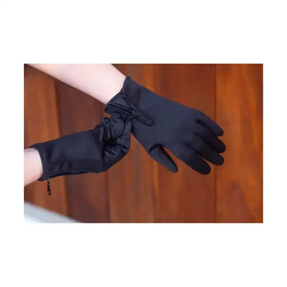 Black softshell gloves with zipper closure and elastic cuffs shown from the back in Hy Equestrian stalactite zip riding style