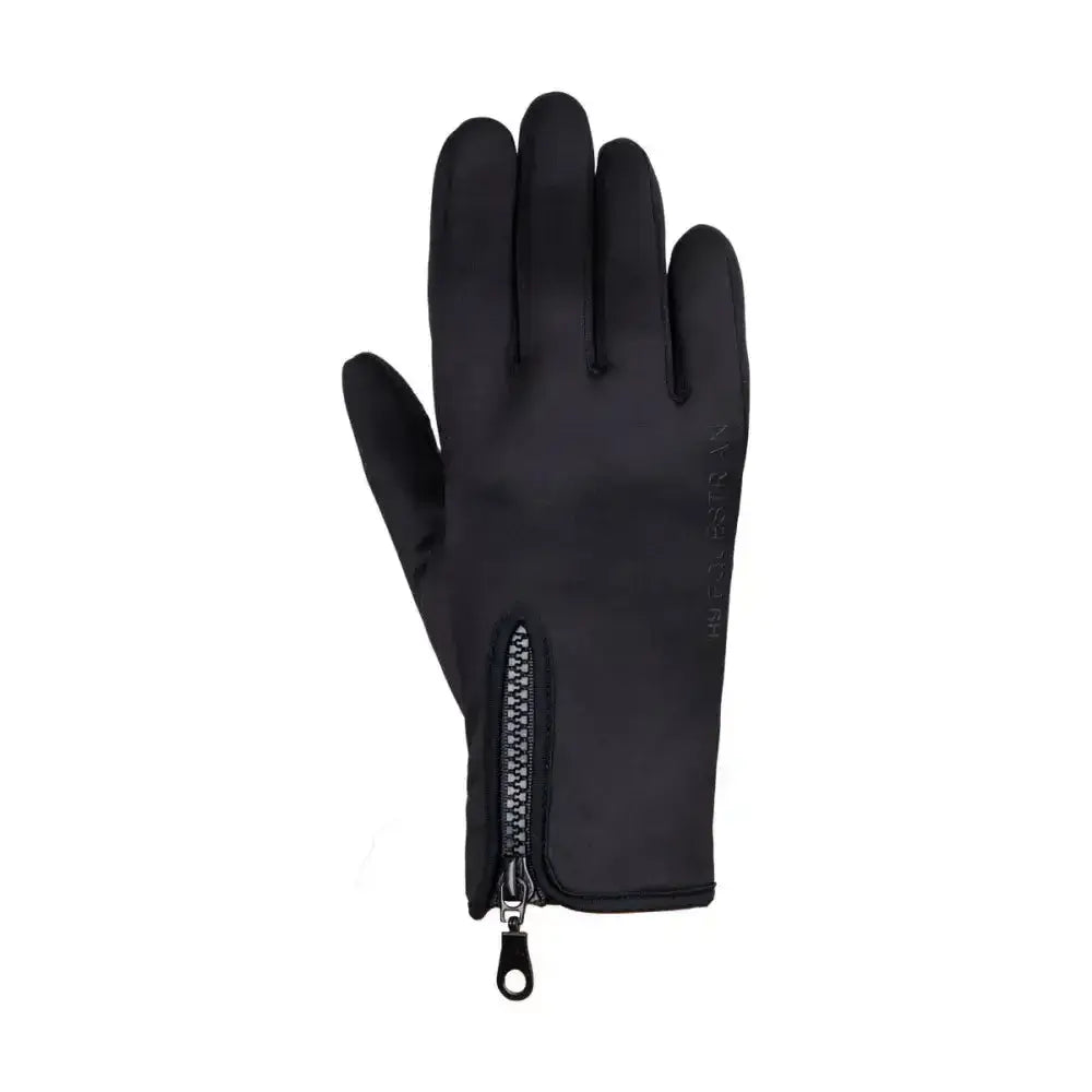 Black softshell gloves with wrist zipper for secure storage from hy equestrian stalactite zip riding collection