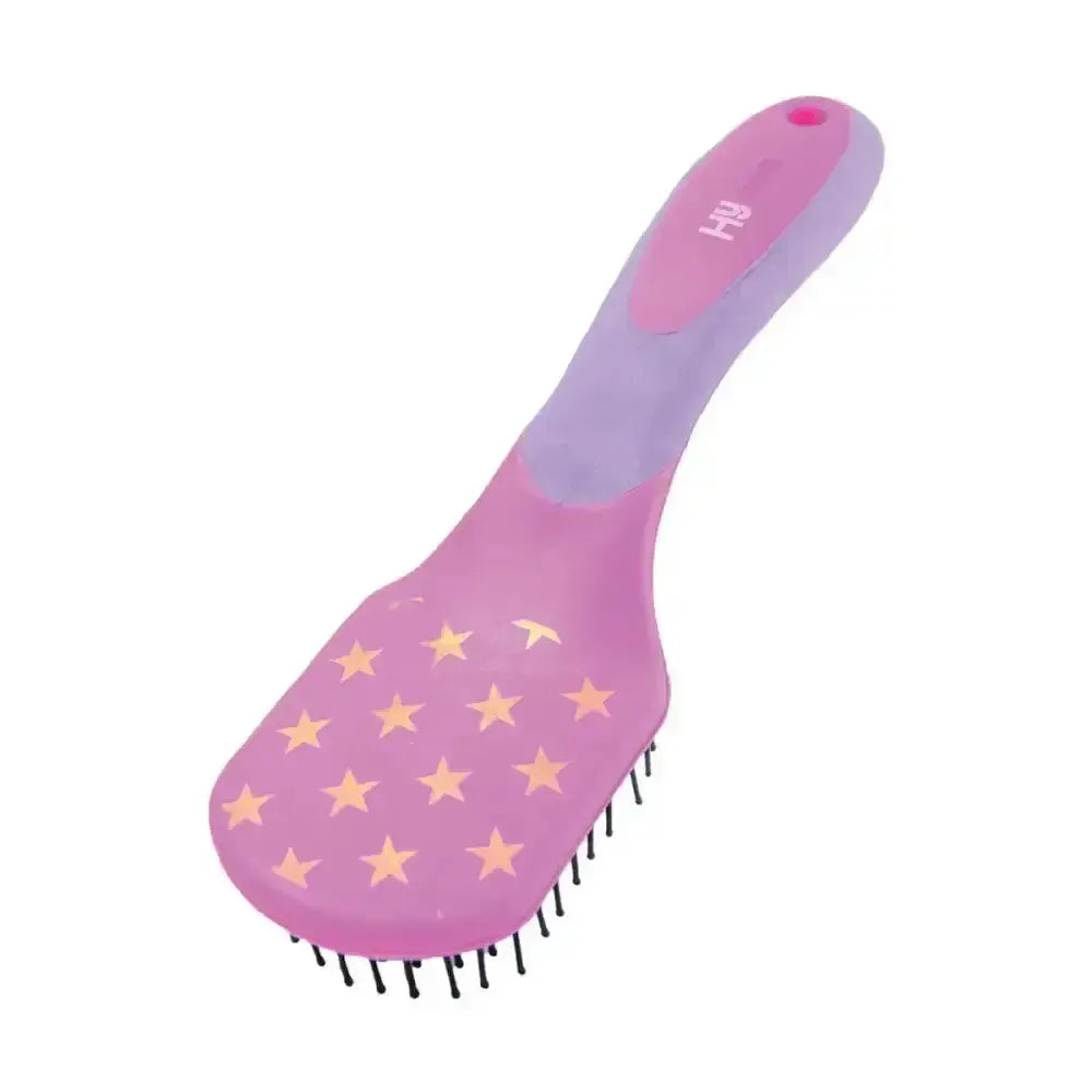 Pink and lavender plastic hy equestrian star easy grip mane and tail brush with gold star decals for easy grooming