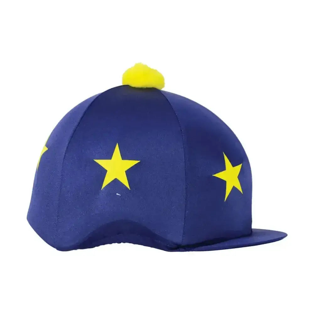 Blue horse riding helmet cover with yellow equestrian star print and matching pom pom in colourful star print bobble hat style