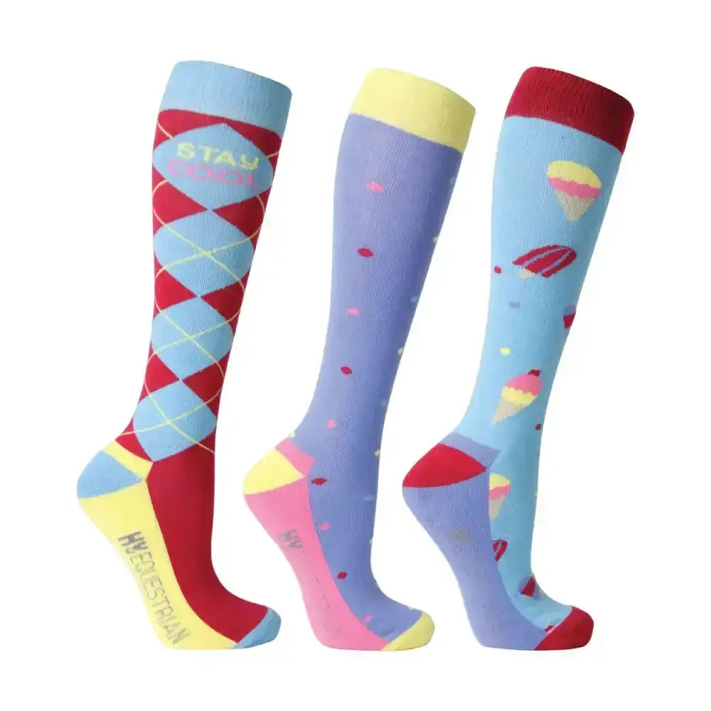 Three colorful hy equestrian stay cool socks with argyle polka dot and ice cream designs perfect riding socks