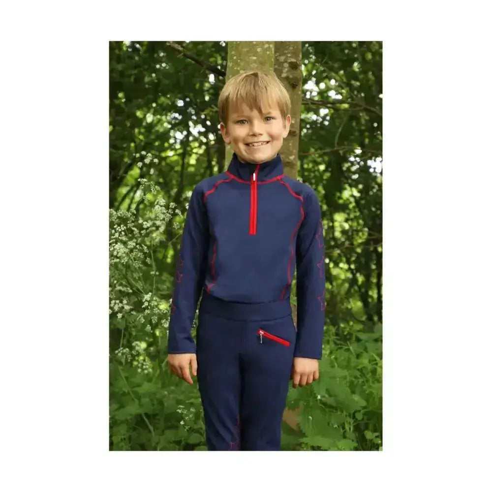 Navy blue equestrian stella children’s base layer with red zipper accents and subtle funky base layer patterning