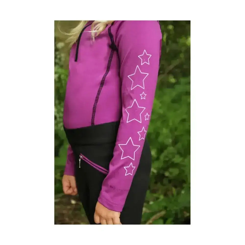 Purple hy equestrian stella kids hoodie with white star sleeves and black zipper perfect funky base layer hat cover