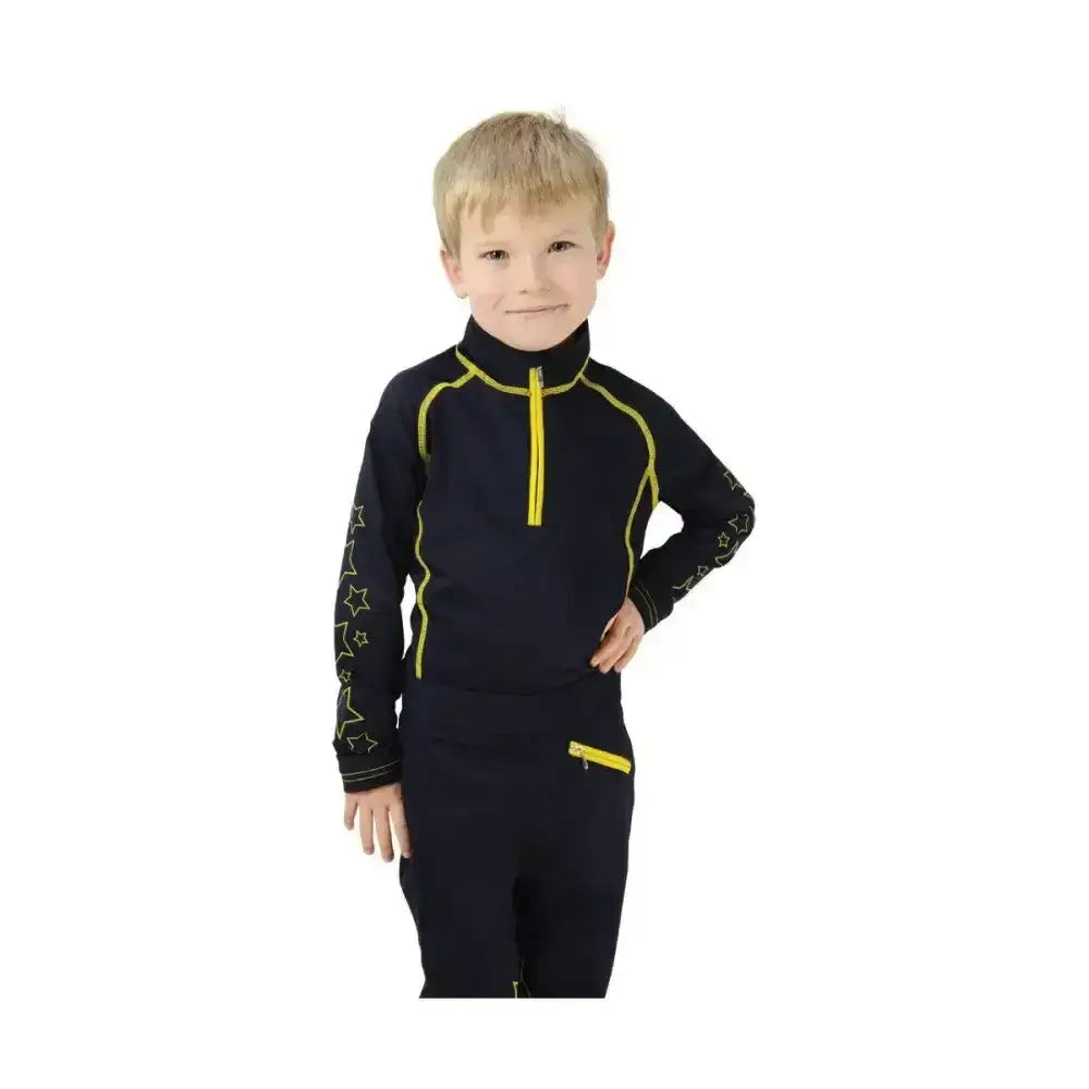 Navy blue long-sleeved equestrian stella base layer with yellow zipper and star embroidery for kids perfect funky base layer