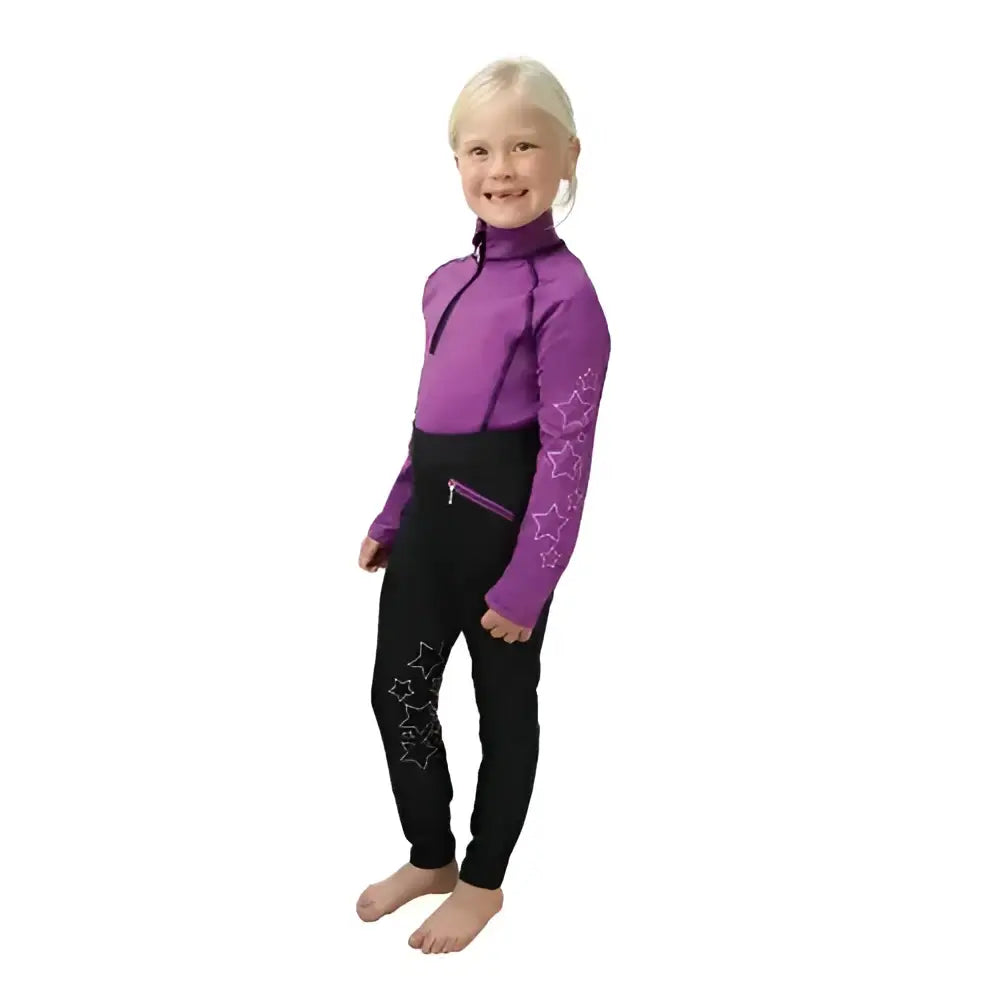 Purple and black star patterned children’s wetsuit hy equestrian stella funky base layer perfect for hats cover