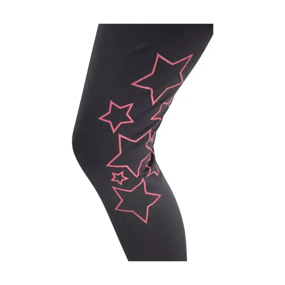 Black leggings with vibrant pink star pattern on side from hy equestrian stella children’s riding tights collection