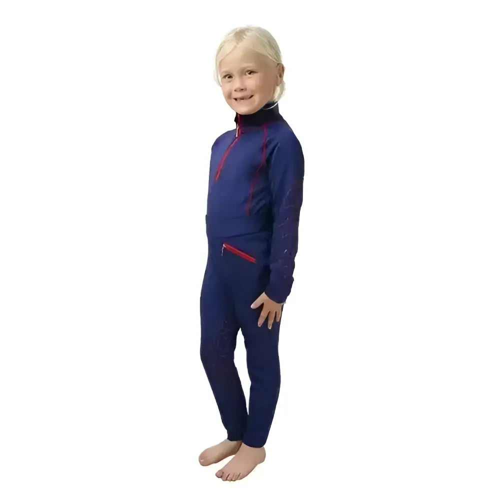 Navy blue long sleeved high neck swimsuit set with purple patterns and red zippers from hy equestrian stella kids riding tights