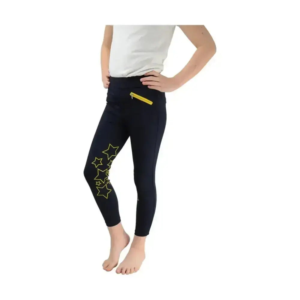 Black equestrian stella children’s riding tights with bold yellow waist zipper and glowing star side panel details