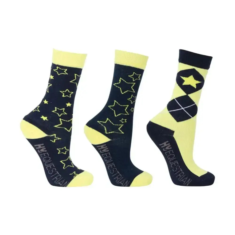 Set of three hy equestrian stella children’s socks in neon yellow and black with star patterns and argyle accents